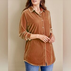 Soft Surroundings Velvet Boyfriend Tunic Shirt Medium Rust Stretch Button-Up